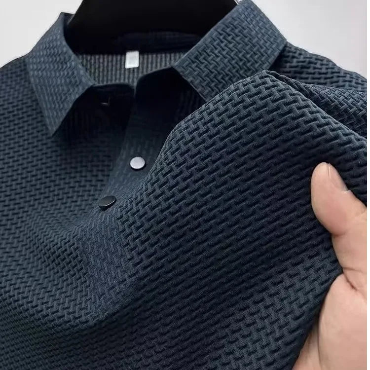 Navy ice-silk waffle-knit polo close-up texture
