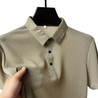 Khaki ice-silk waffle-knit polo close-up texture