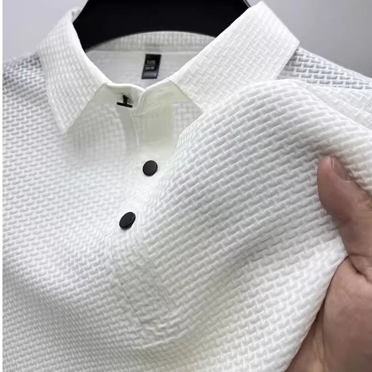 White ice-silk waffle-knit polo close-up texture