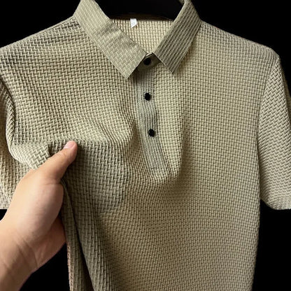 Forest green ice-silk waffle-knit polo close-up texture