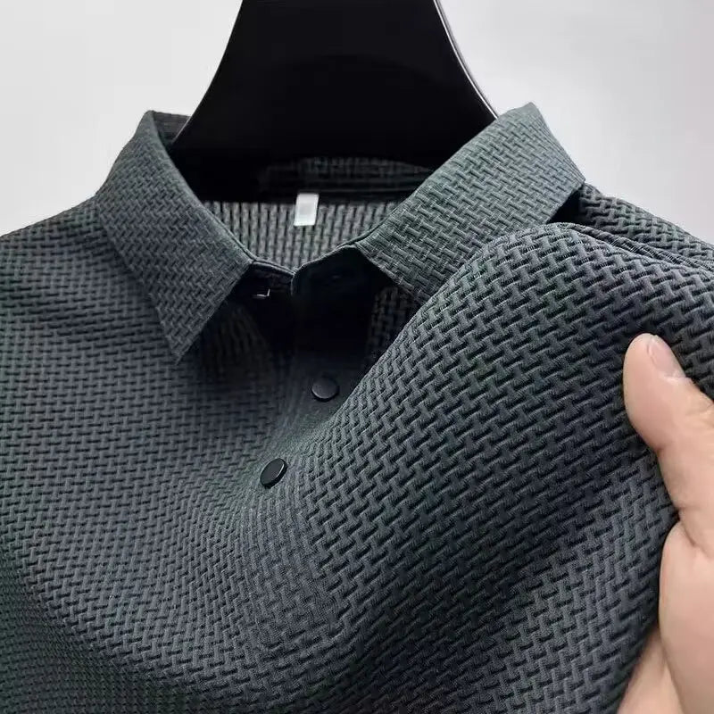 Charcoal grey ice-silk waffle-knit polo close-up texture