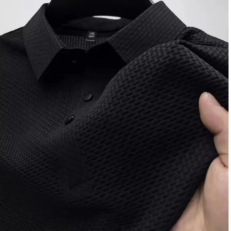 Black ice-silk waffle-knit polo close-up texture